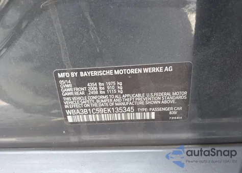 2014 BMW 320I z USA, uszkodzony, nr VIN WBA3B1C59EK135345